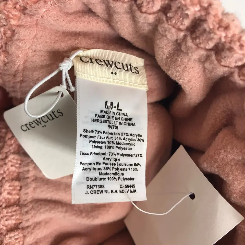 J. Crew Crew Cuts - Pink Cable Knit Faux Fur Pom Winter Beanie Hat -M/L- NWT
